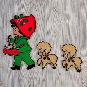 3 Christmas Boy Drummer Poodle Dog Sheep‎ Glitter Foam Refrigerator Magnet Vtg